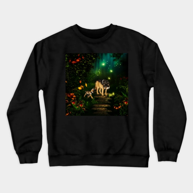 Awesome wolf with pup in the forest Crewneck Sweatshirt by Nicky2342